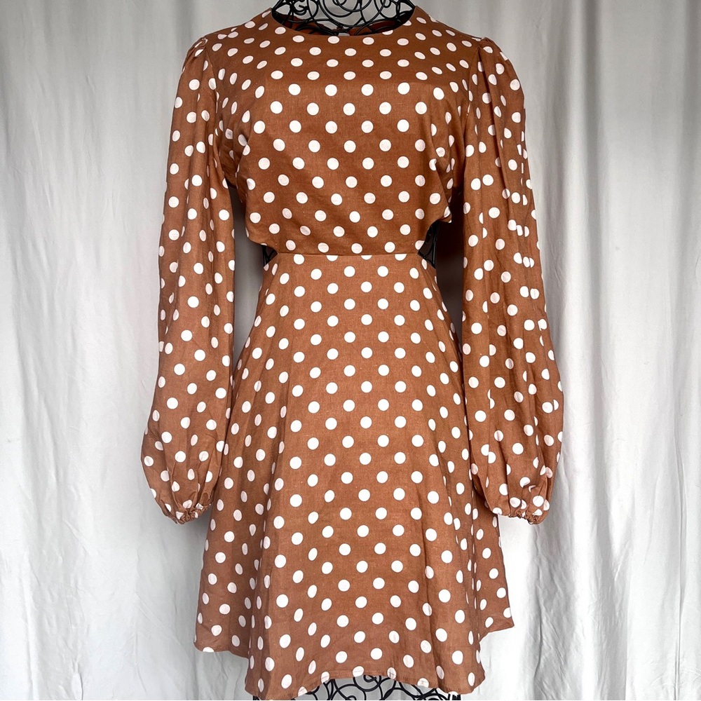 Charlie Holiday Halcyon Open Back Polka Dot Linen Blend Mini Dress Puff Sleeve